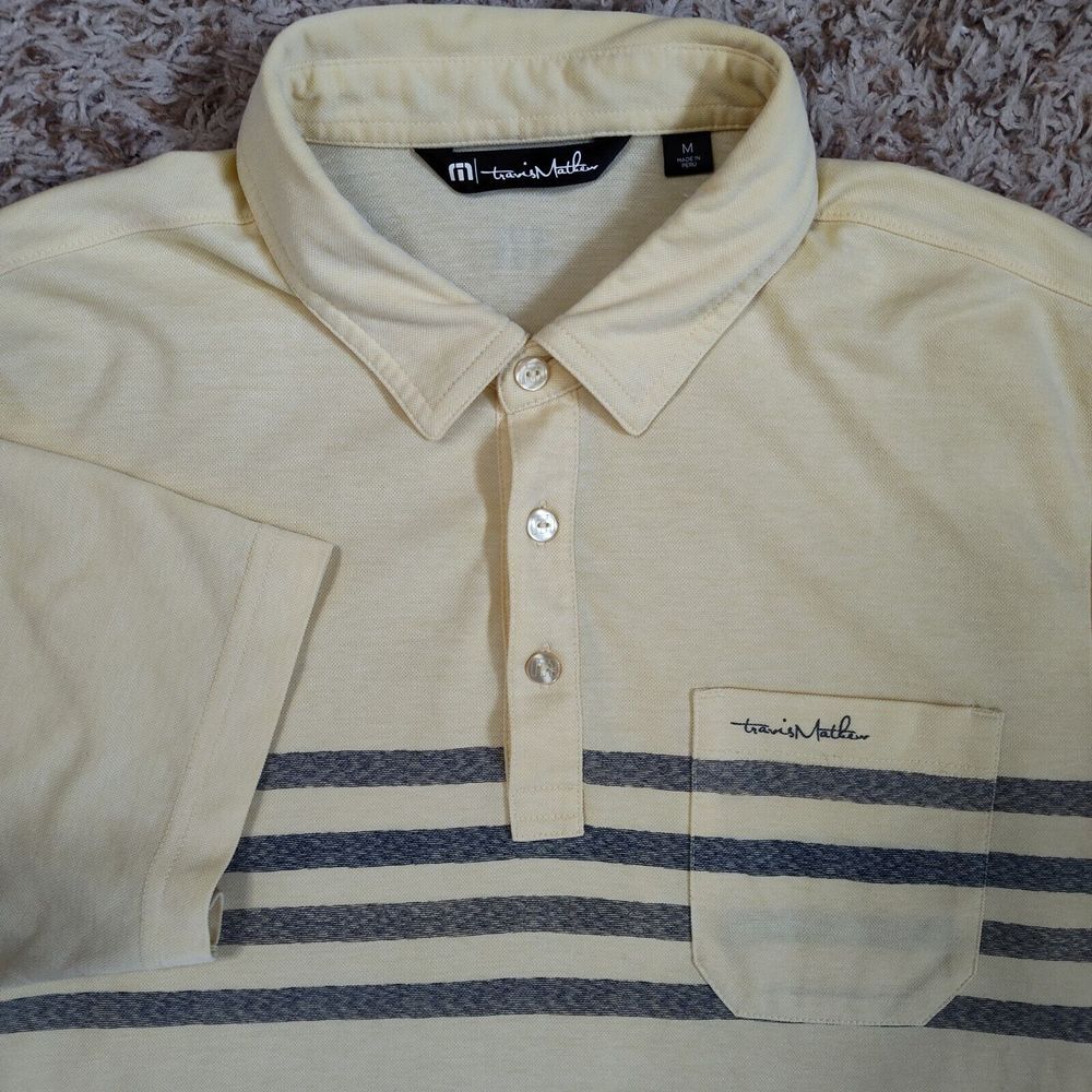 Travis Mathew Men Size M Gray Stripe Short Sleeve Yellow Polo‎